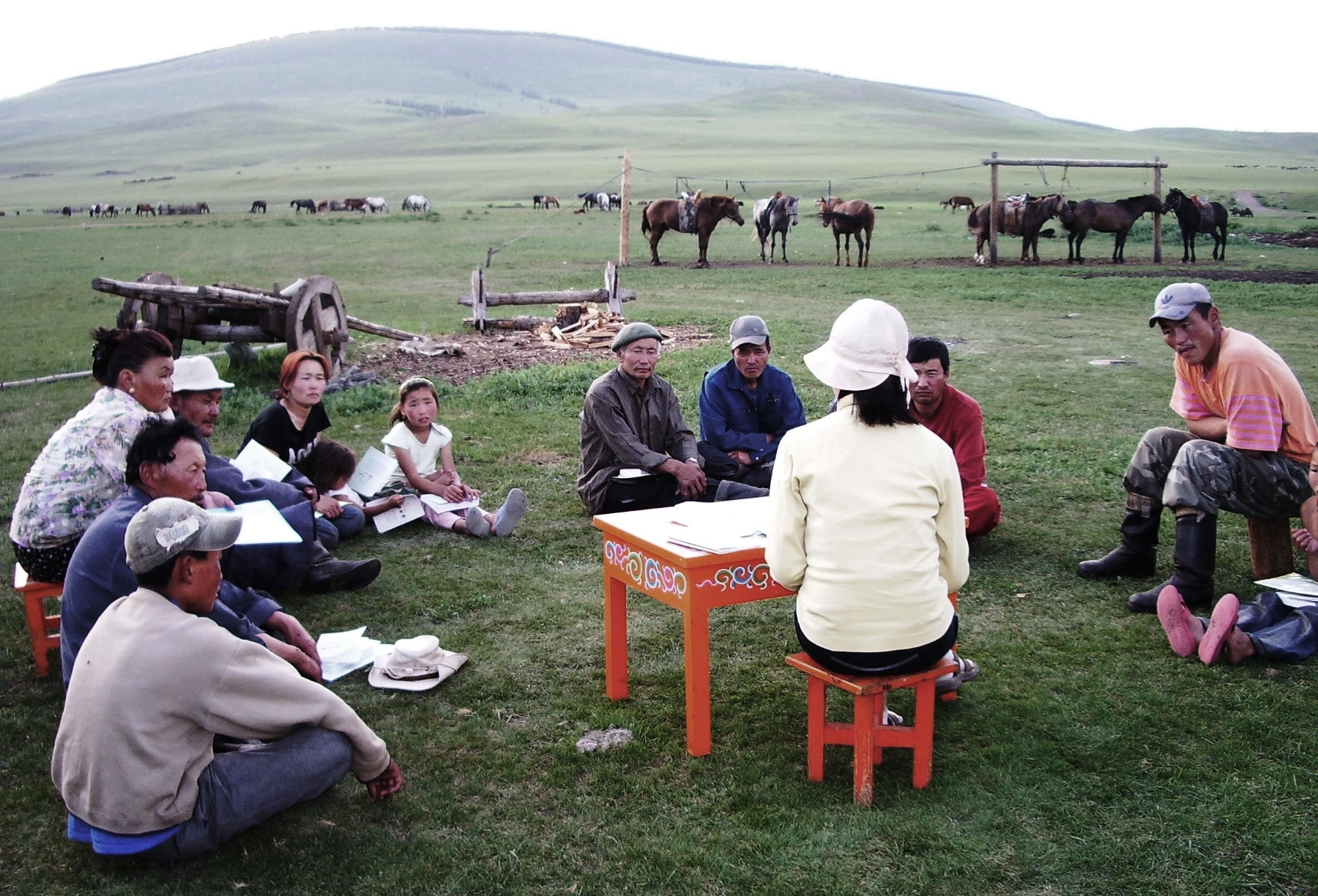 Community members in Arkhangai Province collaborating on local initiatives. We work alongside Mongolian communities to expand economic opportunity and protect vulnerable populations.