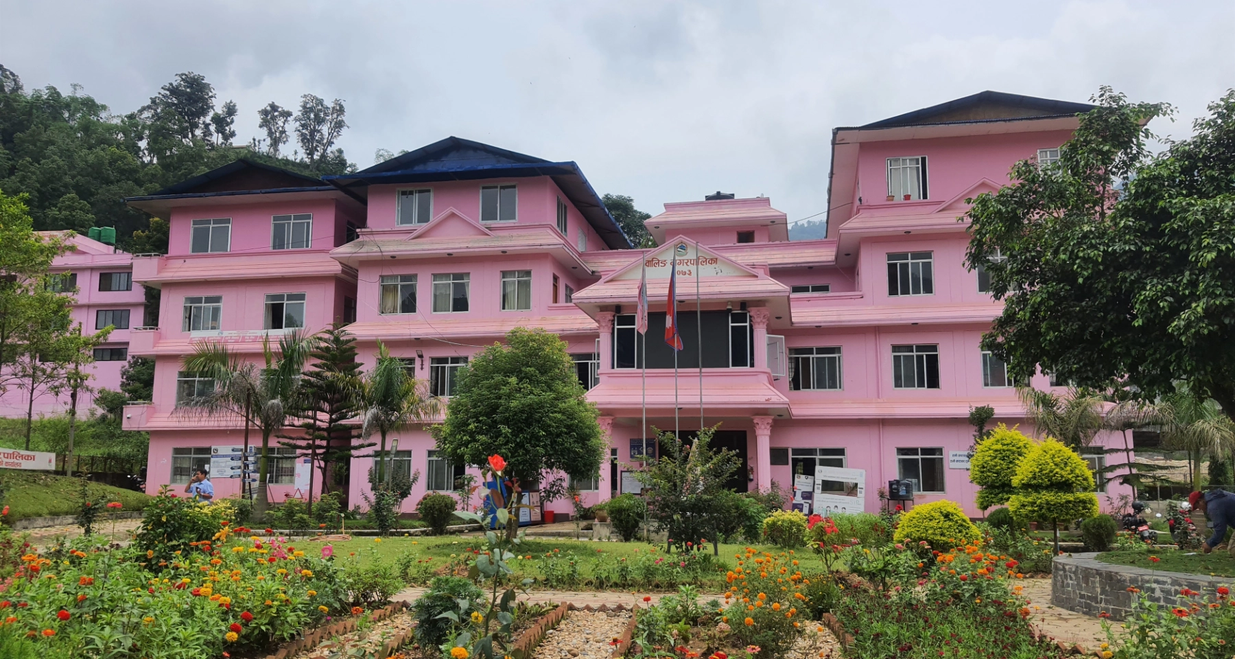 This image shows the pink building of the Waling Municipality Office located in the Syangja district of Nepal