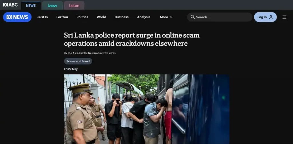 screenshot of article where ABC News Australia Cites Asia Foundation Experts on Fears of Scam Operations Relocating to Sri Lanka