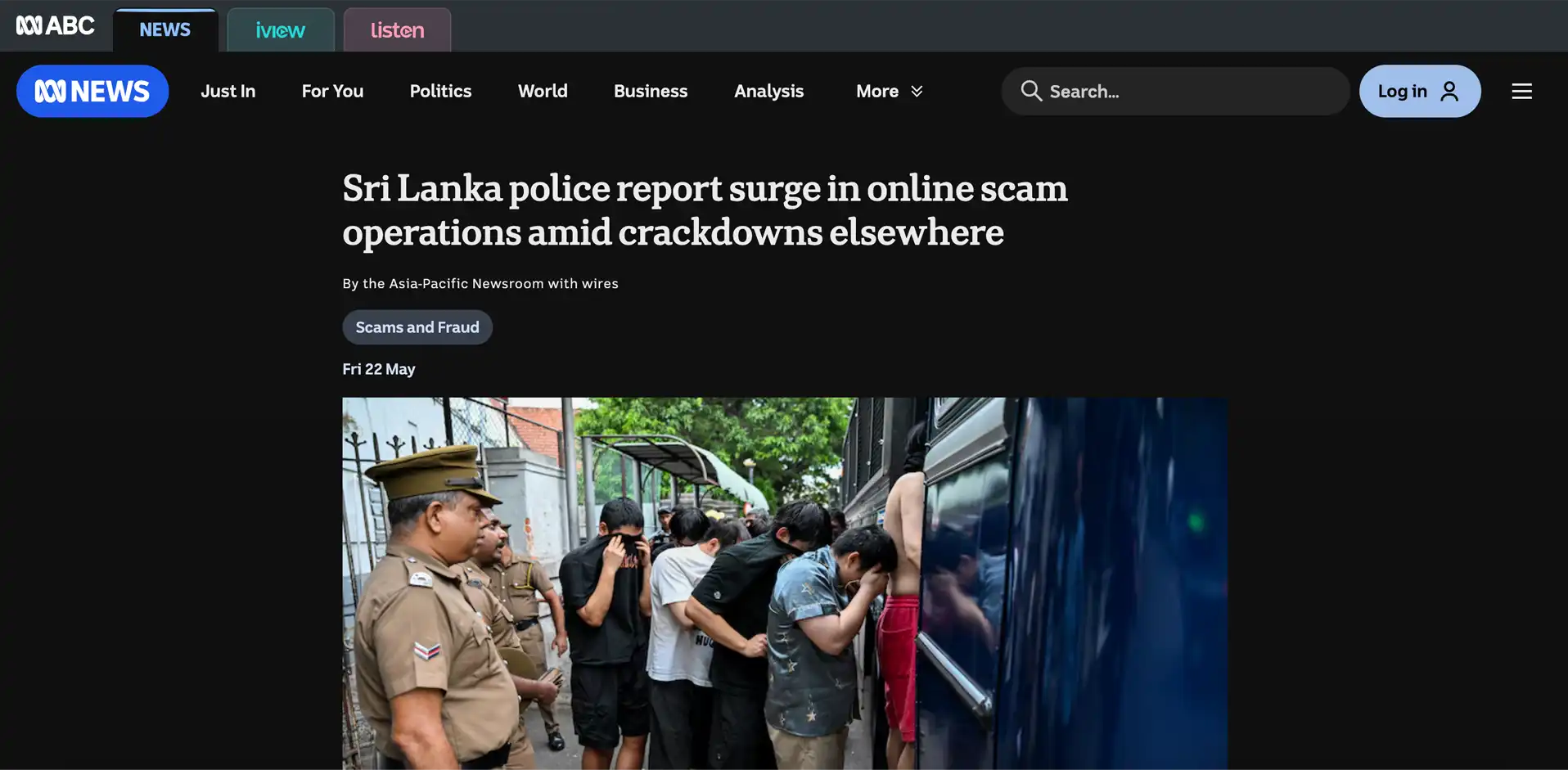 screenshot of article where ABC News Australia Cites Asia Foundation Experts on Fears of Scam Operations Relocating to Sri Lanka